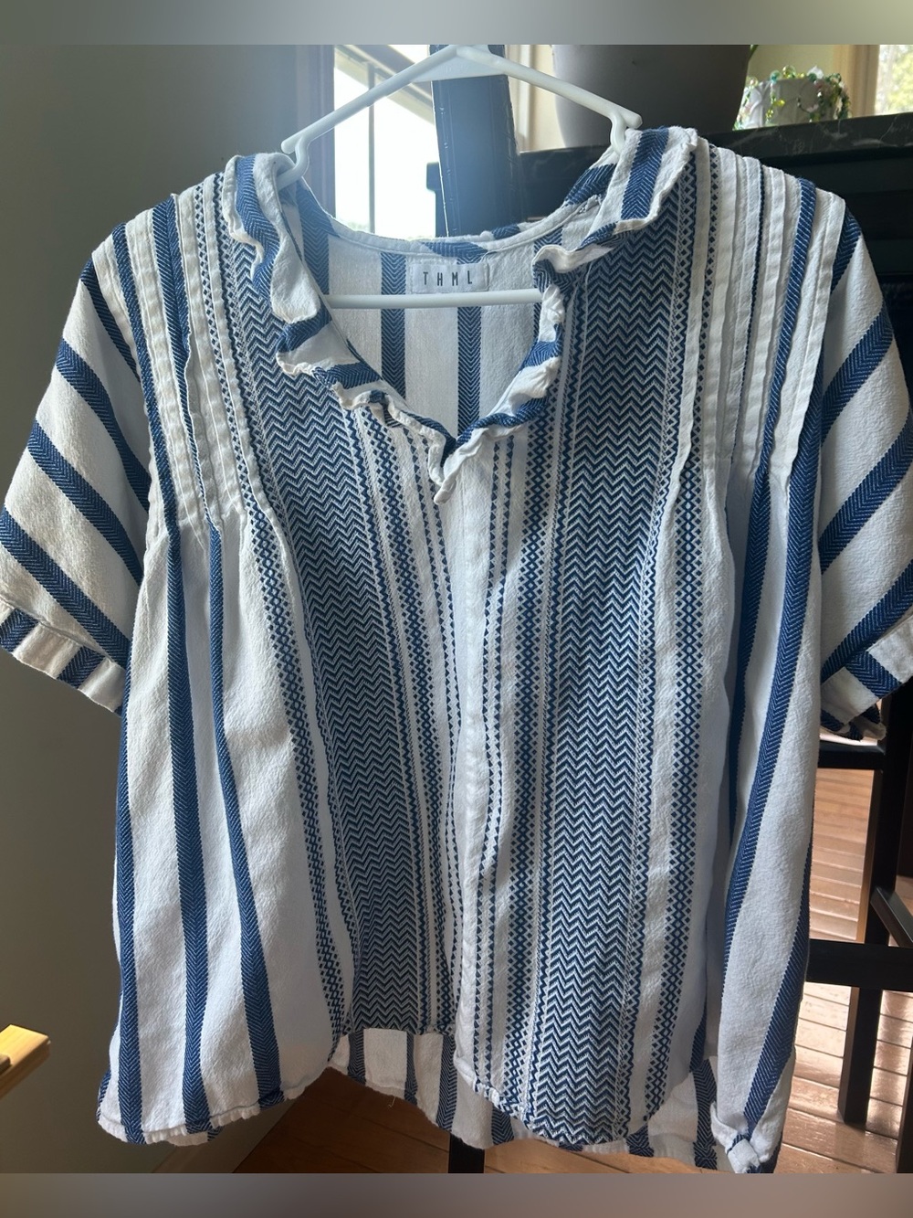THML Blue and white cotton bohemian style blouse